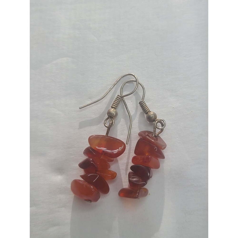 Carnelian Chip Dangle Earrings With Silvertone Hooks